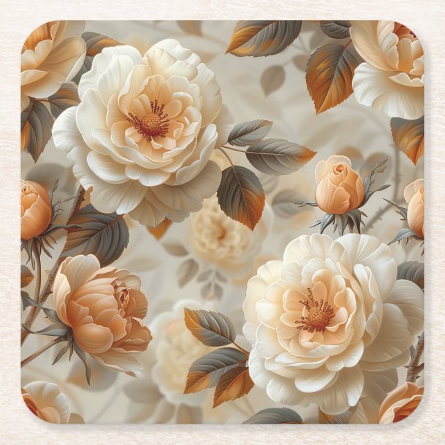 Porta-copo De Papel Quadrado Um padrão floral delicado e vítreo. (Frente)