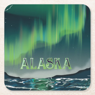Porta-copo De Papel Quadrado Um pôster de viagem vintage da aurora Alaskana
