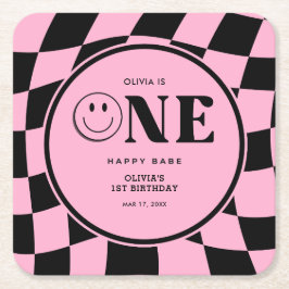 Porta-copo De Papel Quadrado Um primeiro aniversario Feliz De Bebê Rosa