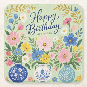 Porta-copo De Papel Quadrado Um Trio de Flores de Aniversário