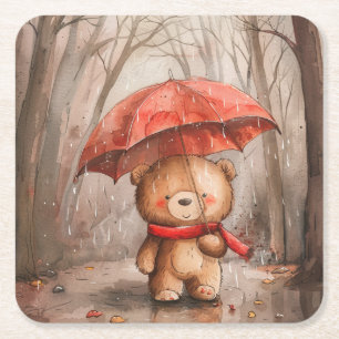 Porta-copo De Papel Quadrado Um Urso de Pelúcia Fofo na Chuva