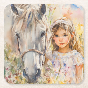 Porta-copo De Papel Quadrado Uma Menina com um Cavalo