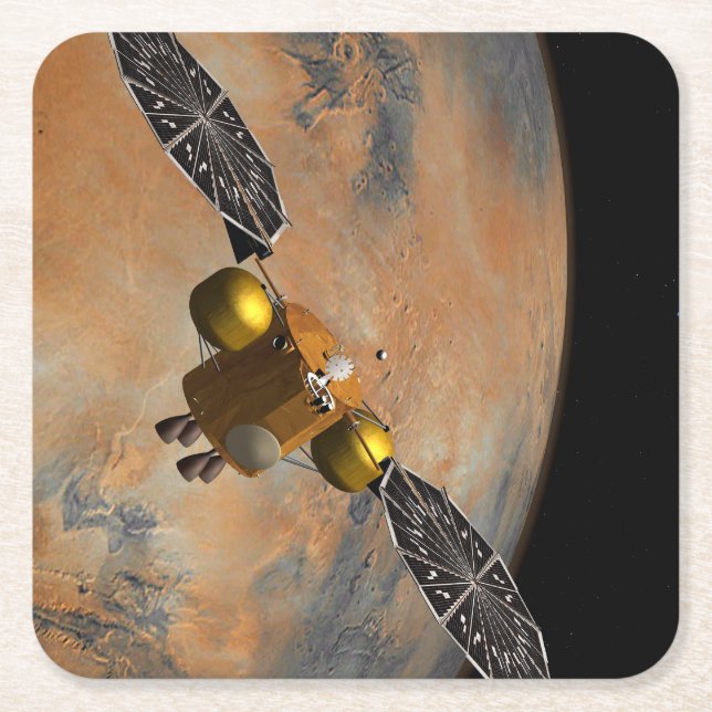 Porta-copo De Papel Quadrado Uma nave espacial Orbitando Marte. (Frente)