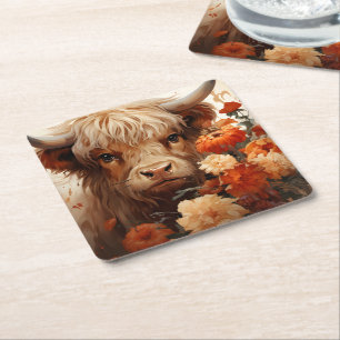 Porta-copo De Papel Quadrado Uma Série de Design de Vaca das Terras Altas Flora