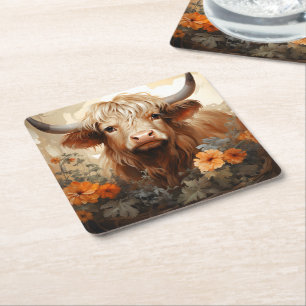 Porta-copo De Papel Quadrado Uma Série de Design de Vaca das Terras Altas Flora