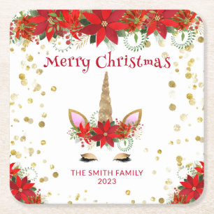 Porta-copo De Papel Quadrado Unicórnio de Natal Poinsettia com Fonte Vermelha F