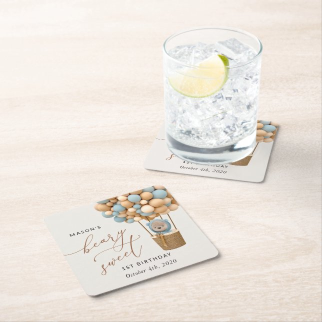 Porta-copo De Papel Quadrado Urso Bastante, Balões Azuis, Primeiro Aniversário (Insitu)