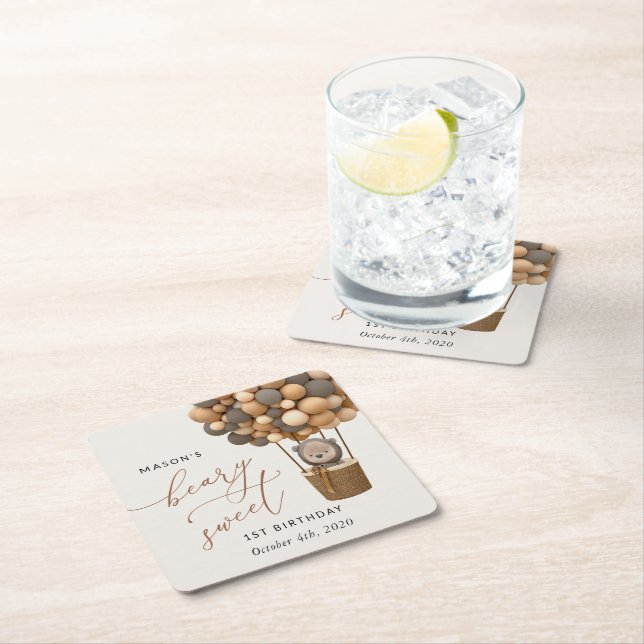 Porta-copo De Papel Quadrado Urso Bastante, Balões Marrons, Primeiro Aniversári (Insitu)