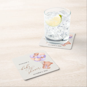 Porta-copo De Papel Quadrado Urso-Bebê, Urso-Bonito, Balões-Roxos, Chá de frald