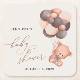 Porta-copo De Papel Quadrado Urso Bebê, Urso Teddy, Balões Marrons, Chá de fral