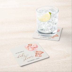 Porta-copo De Papel Quadrado Urso Bebê, Urso Teddy, Balões Rosa, Chá de fraldas