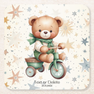 Porta-copo De Papel Quadrado Urso de Pelúcia Aquarela Estrelas Bicicleta Verde