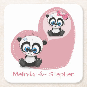 Porta-copo De Papel Quadrado Urso de Pelúcia Panda Coração Rosa Casamento Chá d