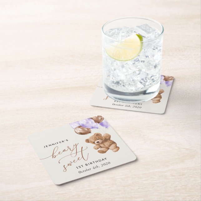 Porta-copo De Papel Quadrado Urso de Teddy, Balões Roxos, Primeiro Aniversário (Insitu)