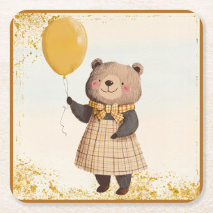 Porta-copo De Papel Quadrado Urso em Xadrez Amarelo Vestido com Balão Amarelo
