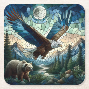 Porta-copo De Papel Quadrado Urso Mosaico e Águia nas Montanhas
