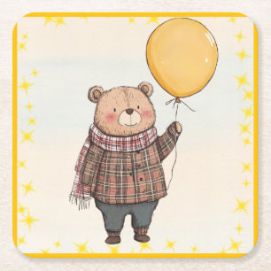 Porta-copo De Papel Quadrado Urso no Suéter de Xadrez Marrom com Balão Amarelo