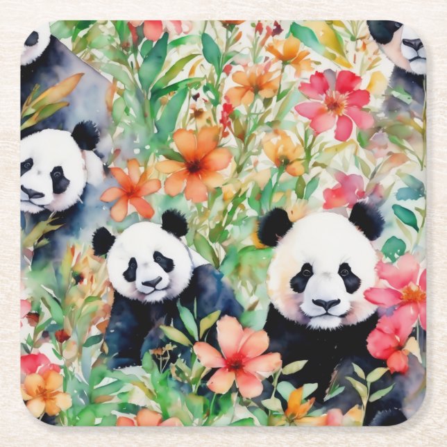Porta-copo De Papel Quadrado Urso Panda de Aquarela (Frente)