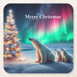 Porta-copo De Papel Quadrado Urso Polar Mamãe Cubra Luzes de Norte de Árvore de