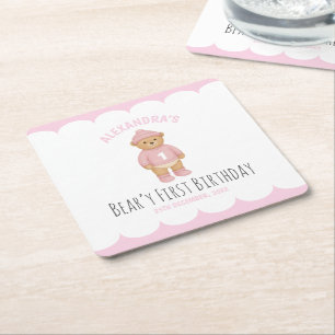Porta-copo De Papel Quadrado Urso Préppy Rosa Aniversário de Um Ano Beary
