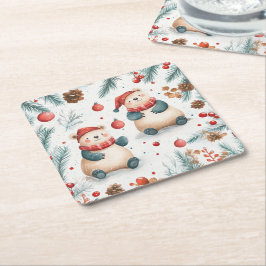 Porta-copo De Papel Quadrado Ursos Cons Pinheiros E Ornamentos Vermelho Feliz N