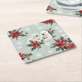 Porta-copo De Papel Quadrado Ursos Polares e Flocos de Neve Feliz Natal
