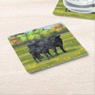 Porta-copo De Papel Quadrado Vaca Angus Negra e Vitelo Negra em Pastagem de Ver