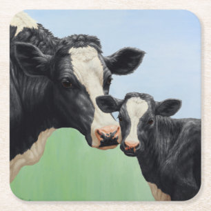 Porta-copo De Papel Quadrado Vaca Holstein Negra e Vitelo