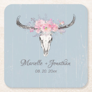 Porta-copo De Papel Quadrado Vaca Rústica Caveira Boho Esbranquiçado Cor-de-Águ