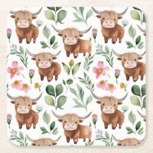 Porta-copo De Papel Quadrado Vacas Altas E Flores Cor-de-Rosa Padrão Floral