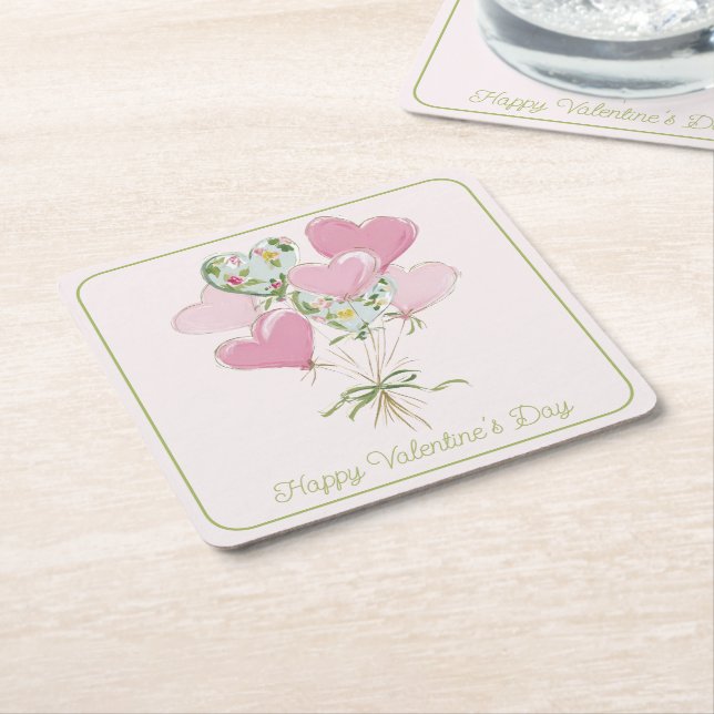 Porta-copo De Papel Quadrado Valentine's Heart Pink and Green Heart Balloons (Inclinado)