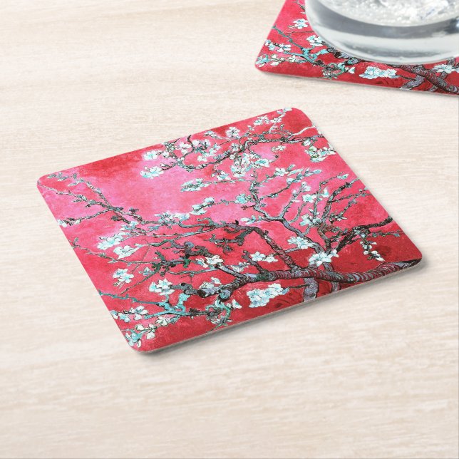 Porta-copo De Papel Quadrado Van Gogh Almond Blossomo Azul Vermelho (Inclinado)