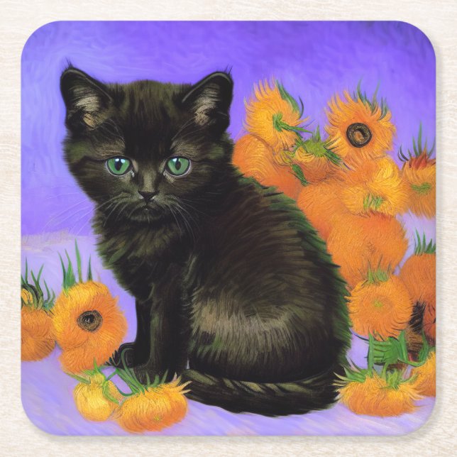 Porta-copo De Papel Quadrado Van Gogh Black Kitten com Girassóis (Frente)