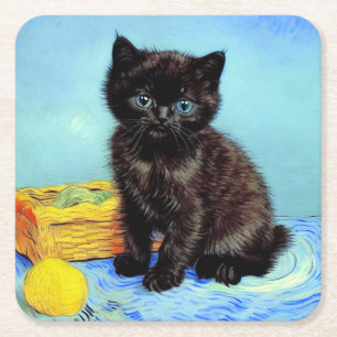 Porta-copo De Papel Quadrado Van Gogh Black Kitten com Yarn