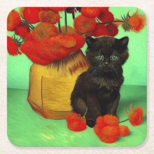 Porta-copo De Papel Quadrado Van Gogh Black Kitten Red Flowers