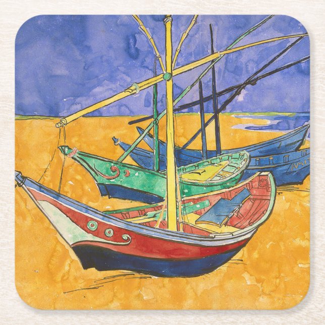 Porta-copo De Papel Quadrado Van Gogh Boats Impressionism Beach (Frente)