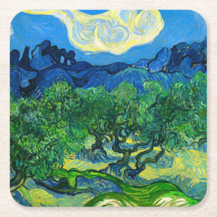 Porta-copo De Papel Quadrado Van Gogh Olive Trees em Paisagem Montanhosa
