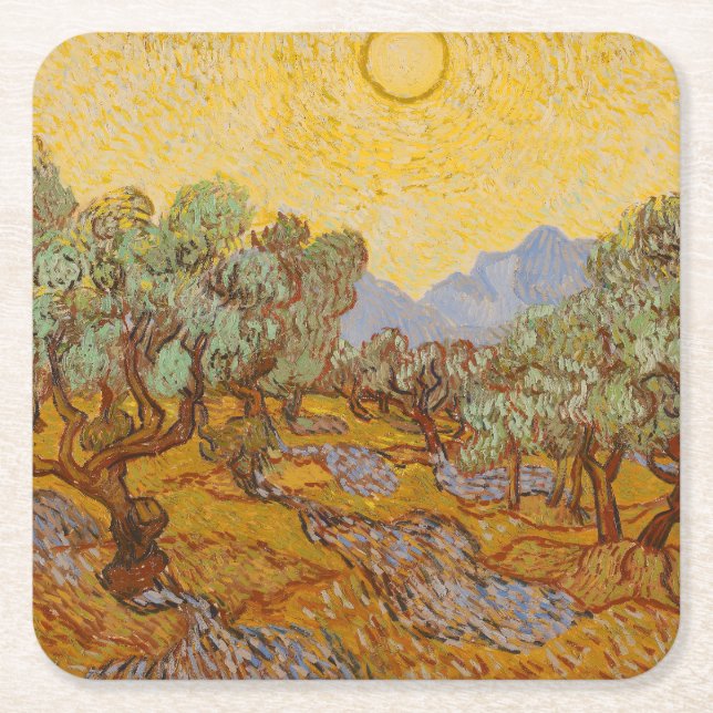 Porta-copo De Papel Quadrado Van Gogh Olive Trees Yellow Sun Sky (Frente)