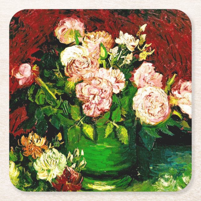 Porta-copo De Papel Quadrado Van Gogh Peonies e Rosas (Frente)