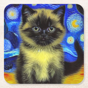 Porta-copo De Papel Quadrado Van Gogh Starry Night Siamese Cat
