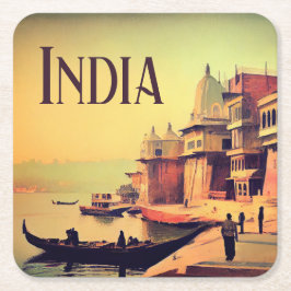 Porta-copo De Papel Quadrado Varanasi India Vintage Painting