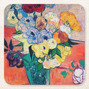 Porta-copo De Papel Quadrado Vase com Rosas e Anêmonas, Van Gogh