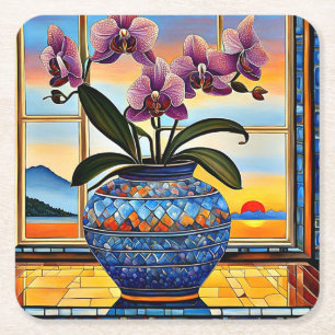 Porta-copo De Papel Quadrado Vaso azul com orquídeas 3