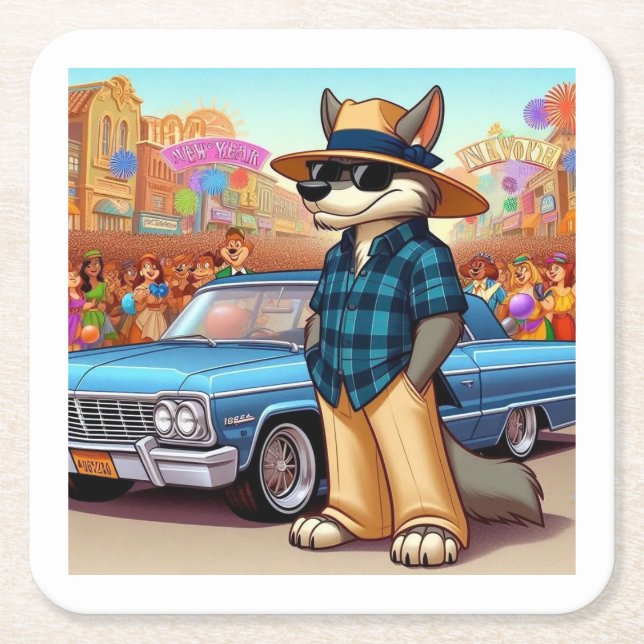Porta-copo De Papel Quadrado Vato Lobo "New Year" (Frente)