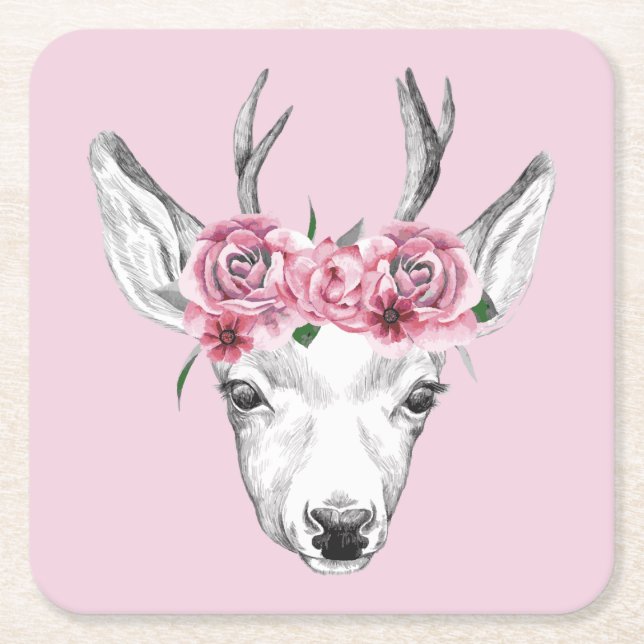 Porta-copo De Papel Quadrado Veado das Flores de Água (Frente)