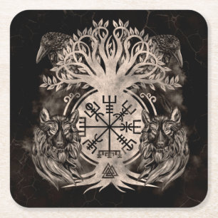 Porta-copo De Papel Quadrado Vegvisir - Yggdrasil Com Ravens E Lobos