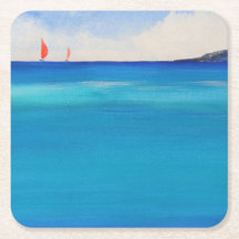 Velas vermelhas em água azul, pintura aquosa