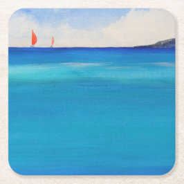 Porta-copo De Papel Quadrado Velas vermelhas em água azul, pintura aquosa