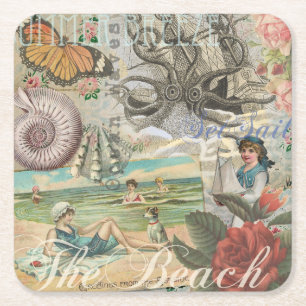 Porta-copo De Papel Quadrado verão praia vintage polvo antiguidades navegação
