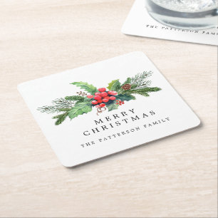Porta-copo De Papel Quadrado Verde Botânico de Inverno Aquarela Personalizado
